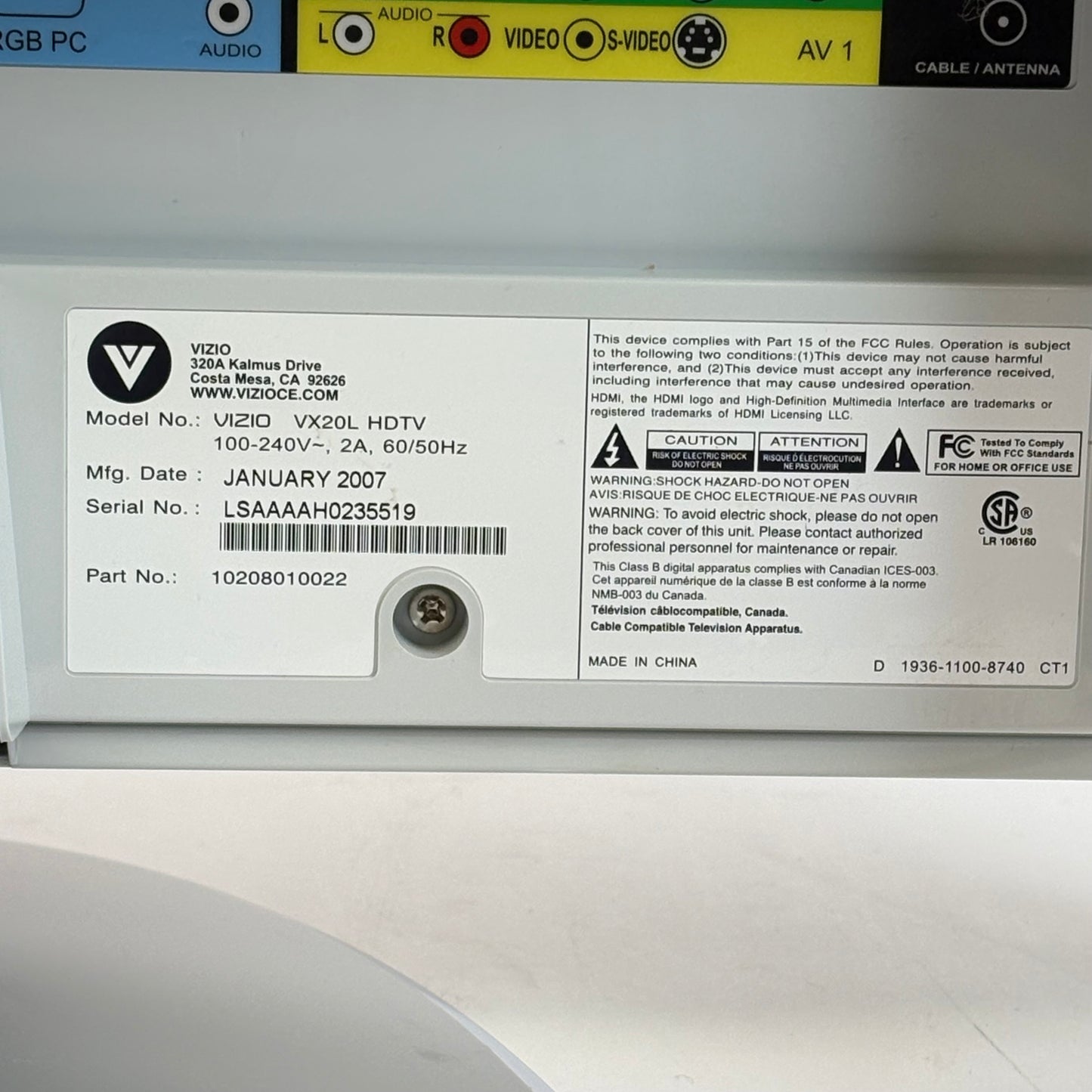 Vizio 20 10208010022 VX20L HDTV LCD 720p Retro Gaming TV 2007
