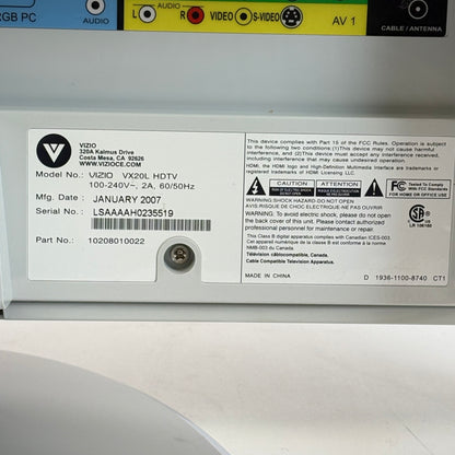Vizio 20 10208010022 VX20L HDTV LCD 720p Retro Gaming TV 2007