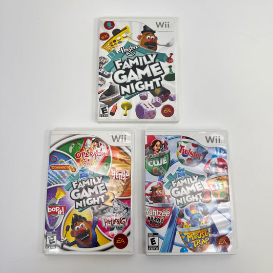 Lot of 3 Hasbro Family Game Night (1, 2, and 3) Wii Games CIB