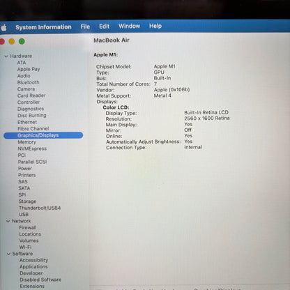 2020 Apple MacBook Air 13.3" M1 7C GPU 3.2GHz 8GB RAM 256GB SSD A2337