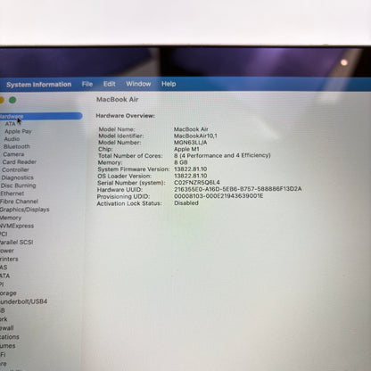2020 Apple MacBook Air 13.3" M1 7C GPU 3.2GHz 8GB RAM 256GB SSD A2337