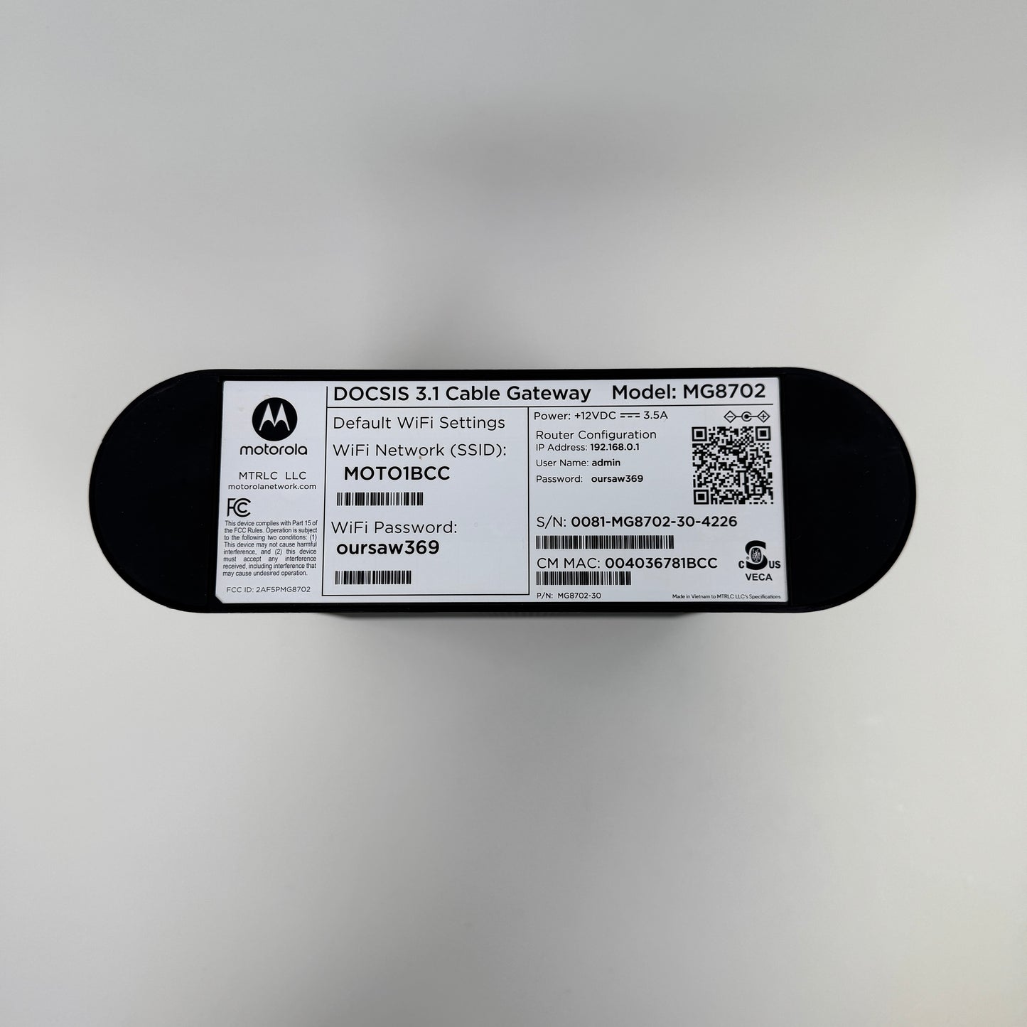 Motorola MG8702 Dual Band WiFi 5 MG8702-30 Wifi Cable Modem Router