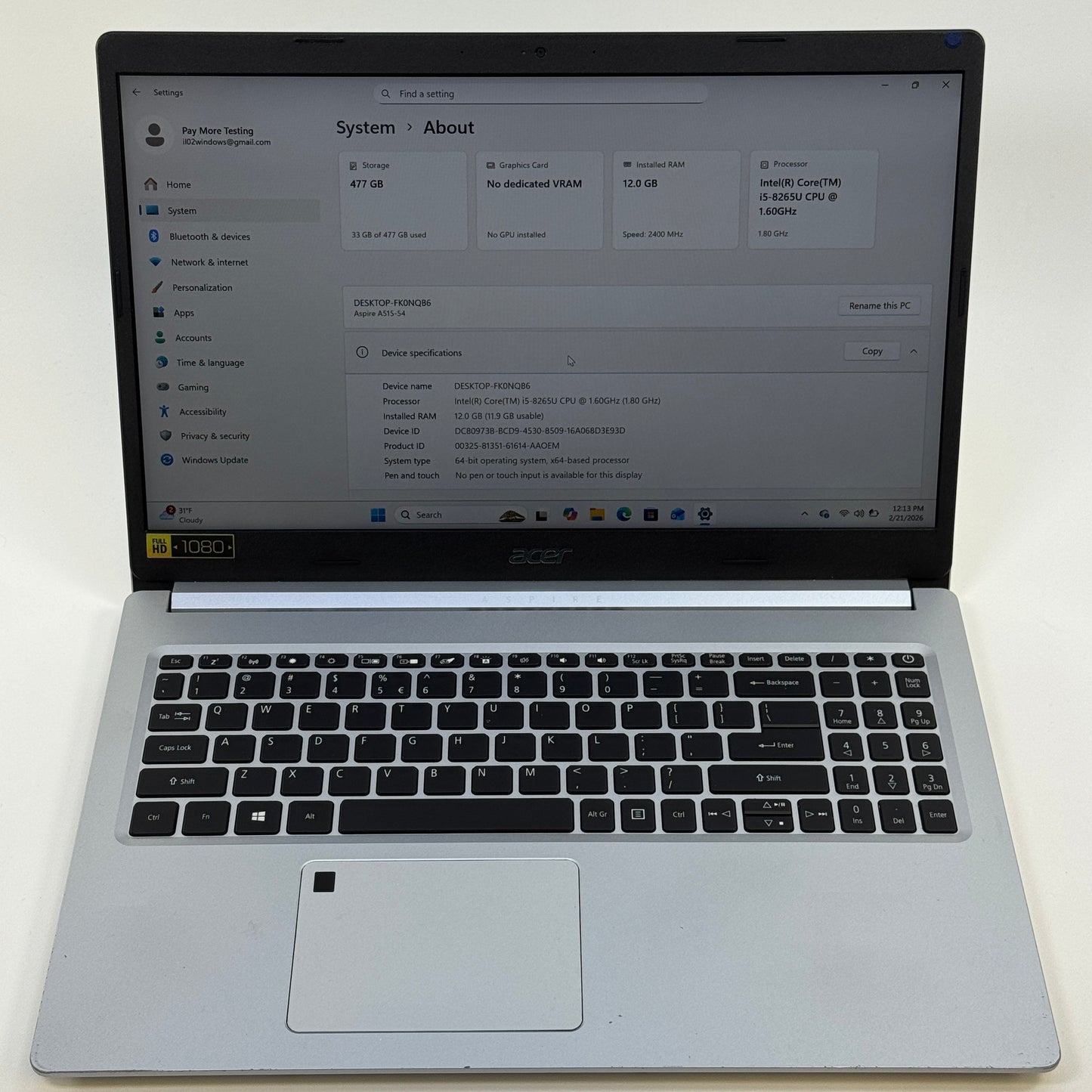 Acer Aspire 5 A515-54 15.6" i5-8265U 1.6GHz 12GB RAM 500GB SSD