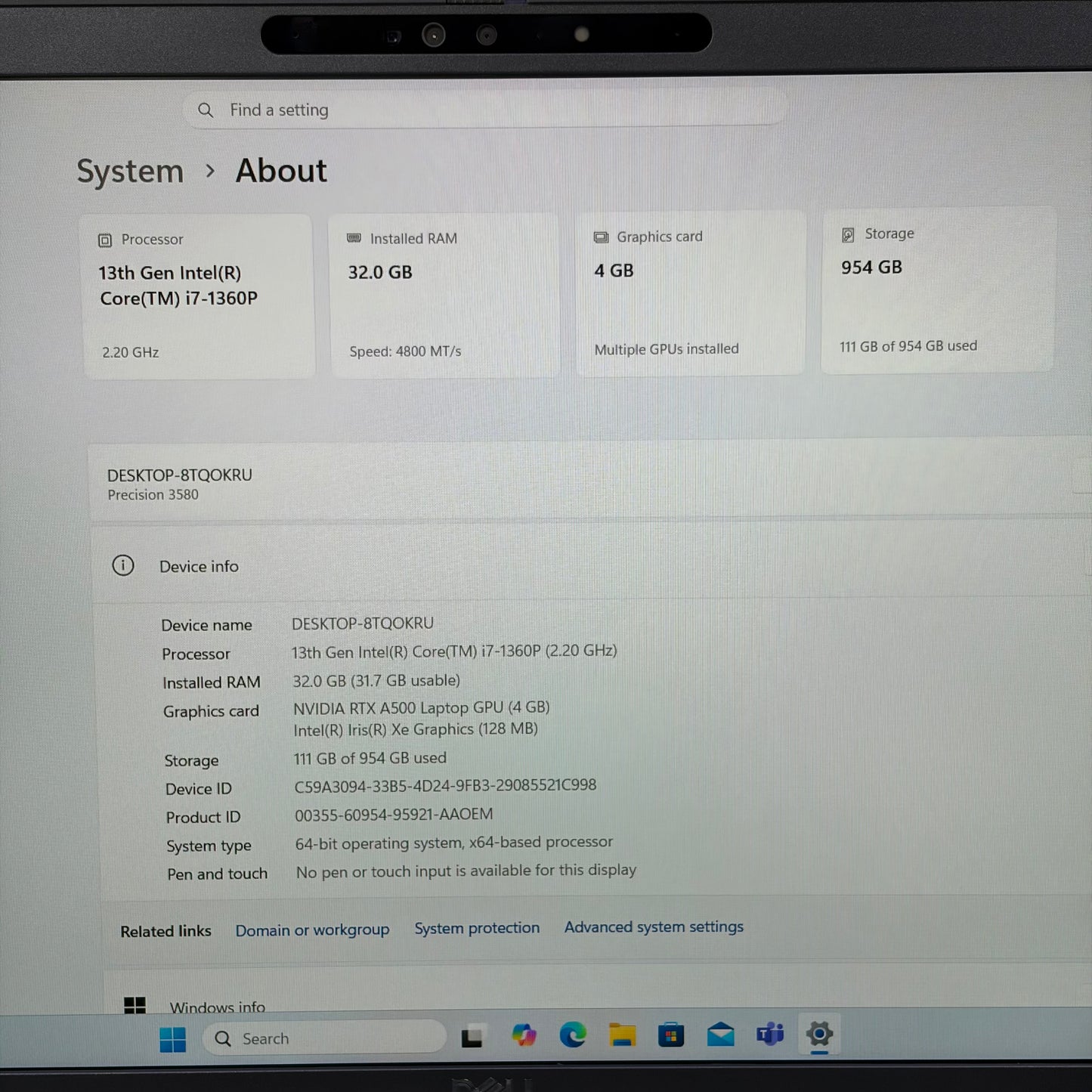 Dell Precision 3580 15.6" i7-1360P 2.2GHz 32 GB RAM 1TB SSD NVIDIA RTX A500