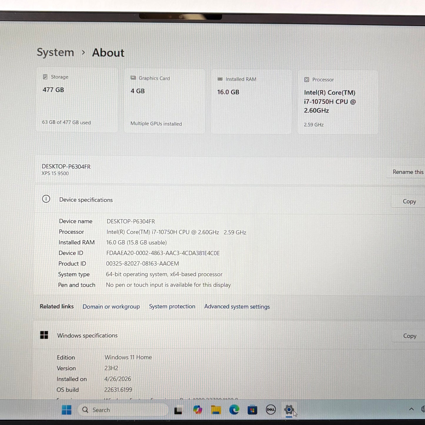 Dell XPS P91F 15.6" i7-10750H 2.6GHz 16GB RAM 512GB SSD GeForce GTX 1650 Ti