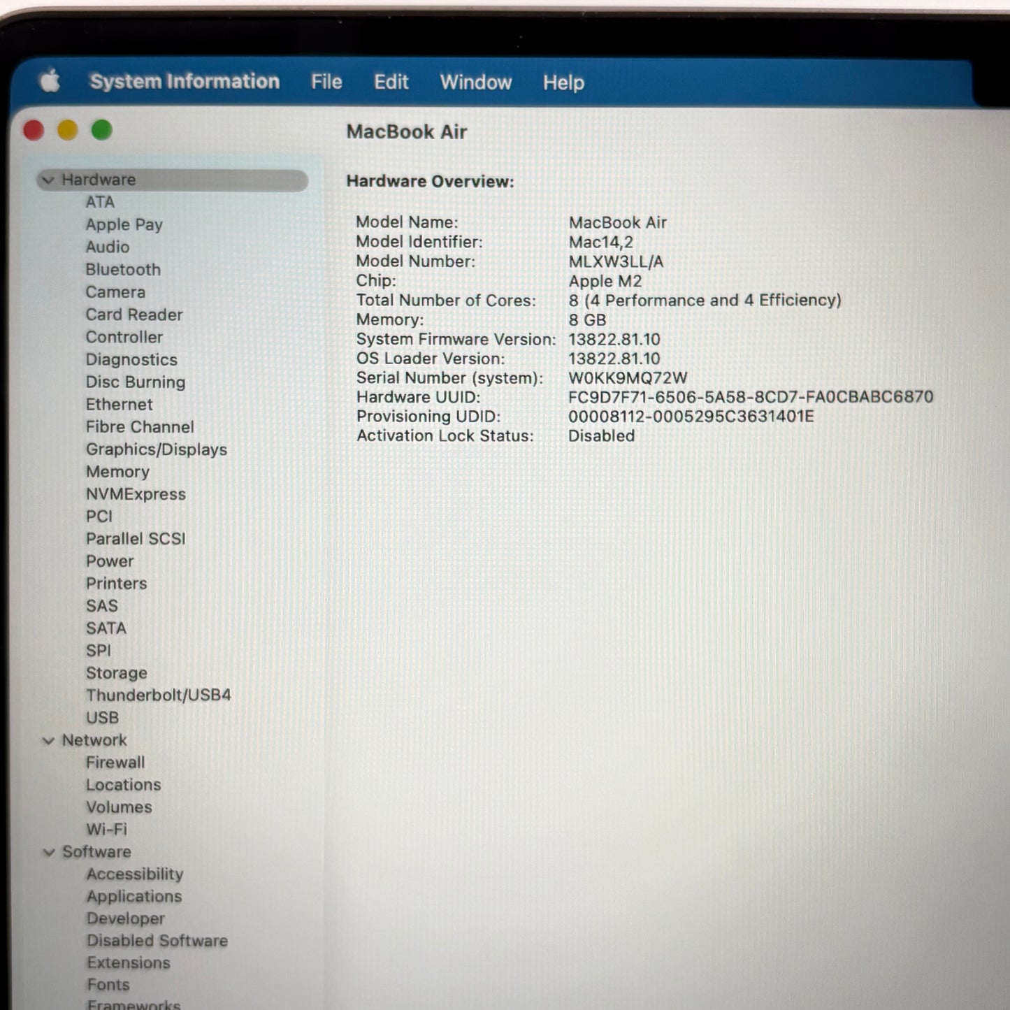 2022 Apple MacBook Air 13.6" M2 8C GPU 3.5GHz 8GB RAM 256GB SSD A2681