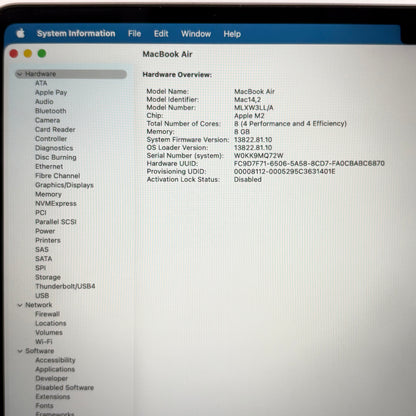 2022 Apple MacBook Air 13.6" M2 8C GPU 3.5GHz 8GB RAM 256GB SSD A2681